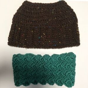 PONYTAIL TOBOGGAN BEANIE BROWN SPECKLED & GREEN HEADBAND HANDMADE